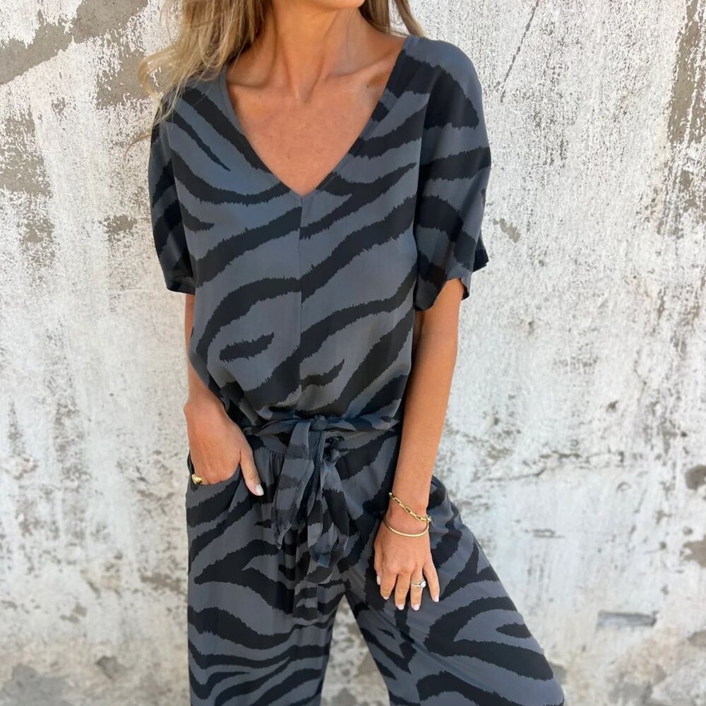 Zebra Print V-Neck Top and Pants Set
